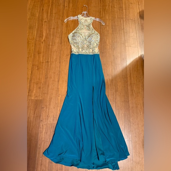 Clarisse Teal and Gold Prom/Wedding Guest Dress